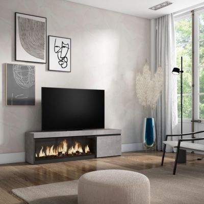 Meuble TV 160x35x45cm feu led sans chaleur XXL couleur gris ciment