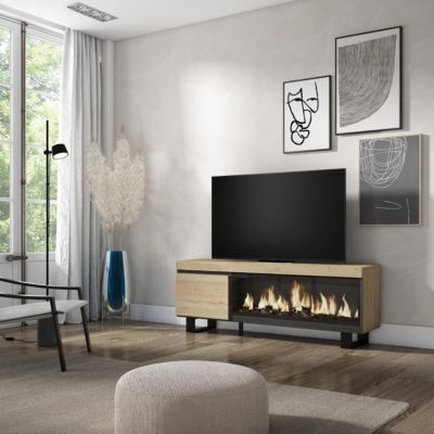 Meuble TV 160x35x57cm cheminée électrique XXL couleur chêne