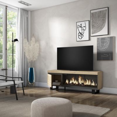 Meuble TV 160x35x57cm cheminée électrique XXL couleur chêne