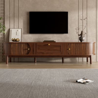 Meuble TV 170 cm en MDF coloris noyer avec portes coulissantes et tiroirs