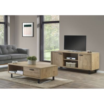 Meuble TV 170cm coloris chêne doré avec 2 tiroirs et 2 niches collection NEWTON. Pieds en métal