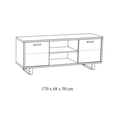 Meuble TV 170cm coloris chêne doré avec 2 tiroirs et 2 niches collection NEWTON. Pieds en métal