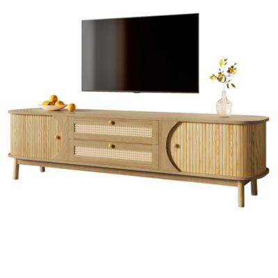 Meuble TV 170x39,5x46 cm en MDF avec portes en bois massif et tiroirs en rotin, style naturel chaleureux