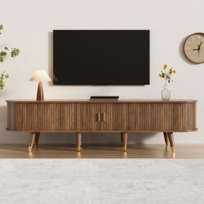 Meuble TV 175 cm en MDF finition noyer avec porte coulissante en rotin