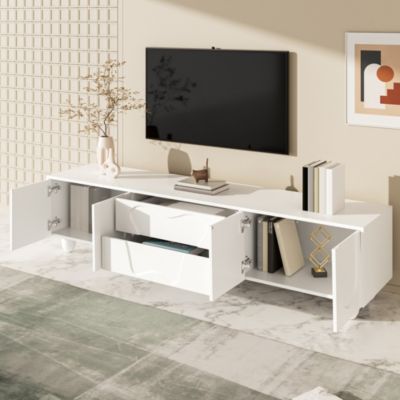 Meuble TV 180 cm avec Rangements et Pieds Bois, Banc TV Moderne en PB Aggloméré, Design Contemporain - 180x40x42 cm, Noir