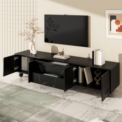Meuble TV 180 cm avec Tiroirs et Portes, Banc TV Moderne avec Grand Rangement et Pieds Bois, PB Effet Bois - 180x40x42 cm, Blanc