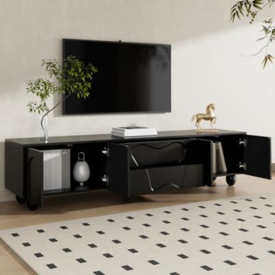 Meuble TV 180 cm avec Tiroirs et Portes, Banc TV Moderne avec Grand Rangement et Pieds Bois, PB Effet Bois - 180x40x42 cm, Blanc