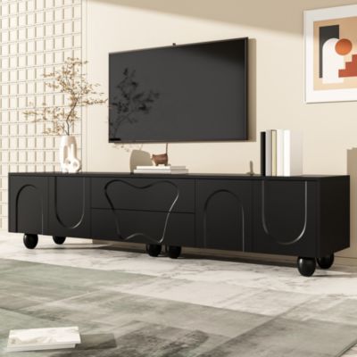 Meuble TV 180 cm avec Tiroirs et Portes, Banc TV Moderne avec Grand Rangement et Pieds Bois, PB Effet Bois - 180x40x42 cm, Blanc