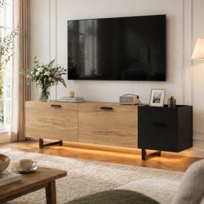 Meuble TV 180 cm bois et noir avec LED et tiroirs