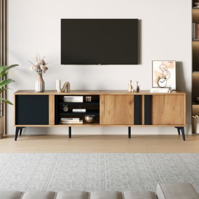 Meuble TV 180 cm en panneaux de particules noir et bois foncé avec rangements