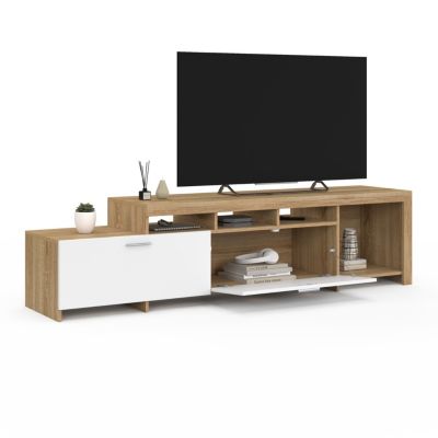 Meuble TV  180 cm MALO  bois et placards blancs