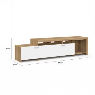 Meuble TV  180 cm MALO  bois et placards blancs
