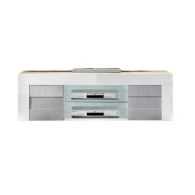 Meuble tv 180cm, 2 portes, collection JET, coloris blanc laqué brillant et gris aspect béton