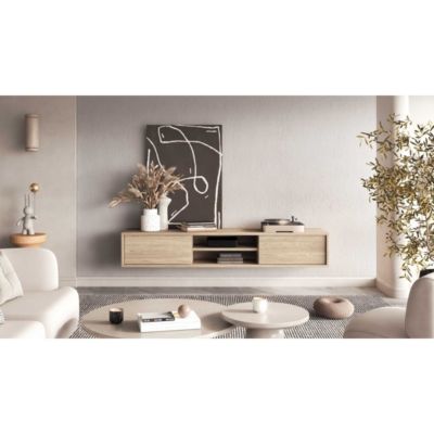 Meuble TV 180cm, 2 portes et 2 niches collection MAANUM. Couleur chene clair.