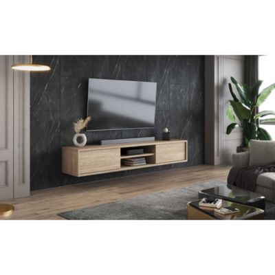 Meuble TV 180cm, 2 portes et 2 niches collection MAANUM. Couleur chene clair.