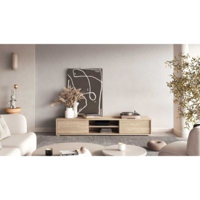 Meuble TV 180cm, 2 portes et 2 niches collection MAANUM. Couleur chene clair.