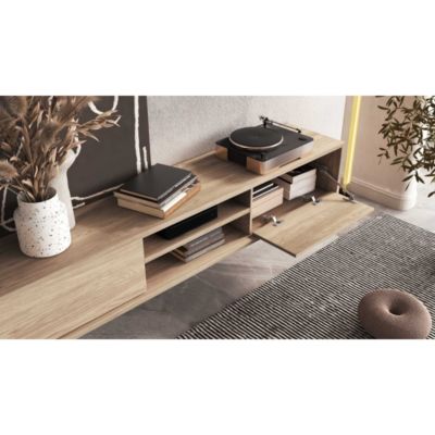 Meuble TV 180cm, 2 portes et 2 niches collection MAANUM. Couleur chene clair.