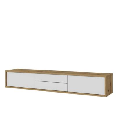 Meuble TV 180cm, 2 tiroirs et 2 portes collection MAANUM. Couleur chene clair et blanc.