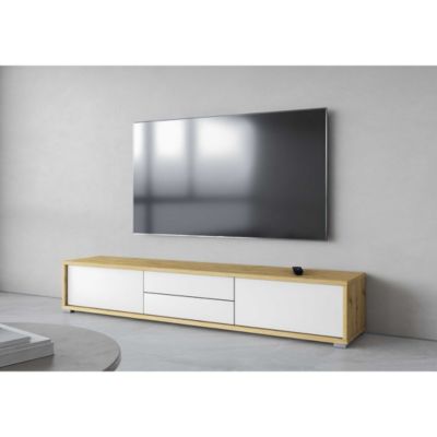 Meuble TV 180cm, 2 tiroirs et 2 portes collection MAANUM. Couleur chene clair et blanc.