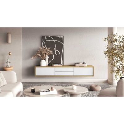 Meuble TV 180cm, 2 tiroirs et 2 portes collection MAANUM. Couleur chene clair et blanc.