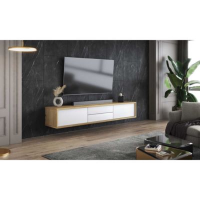 Meuble TV 180cm, 2 tiroirs et 2 portes collection MAANUM. Couleur chene clair et blanc.