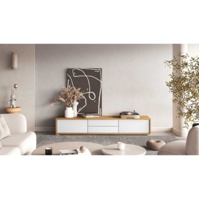 Meuble TV 180cm, 2 tiroirs et 2 portes collection MAANUM. Couleur chene clair et blanc.