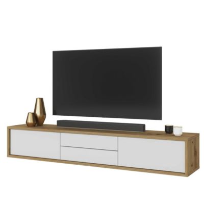 Meuble TV 180cm, 2 tiroirs et 2 portes collection MAANUM. Couleur chene clair et blanc.