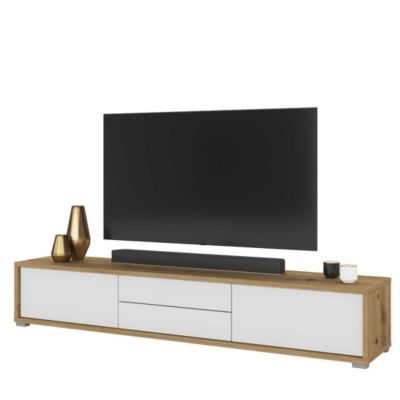 Meuble TV 180cm, 2 tiroirs et 2 portes collection MAANUM. Couleur chene clair et blanc.