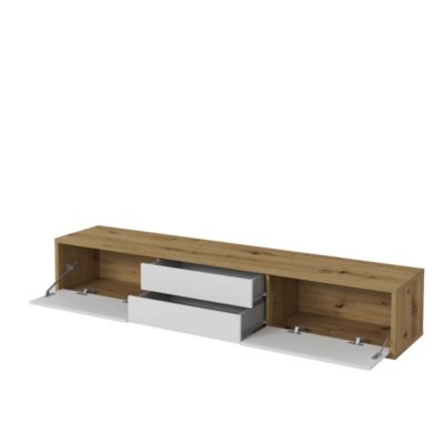 Meuble TV 180cm, 2 tiroirs et 2 portes collection MAANUM. Couleur chene clair et blanc.