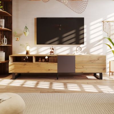 Meuble TV 180x50x38 cm avec grands rangements, portes sans poignée et pieds métal, style moderne noir et bois
