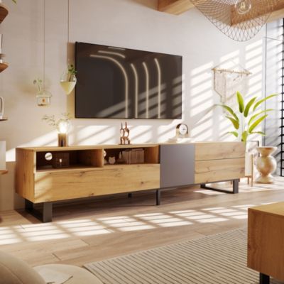 Meuble TV 180x50x38 cm avec grands rangements, portes sans poignée et pieds métal, style moderne noir et bois