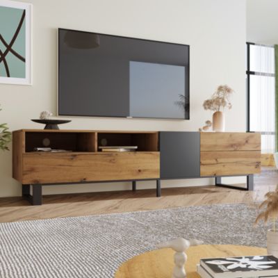Meuble TV 180x50x38 cm avec grands rangements, portes sans poignée et pieds métal, style moderne noir et bois