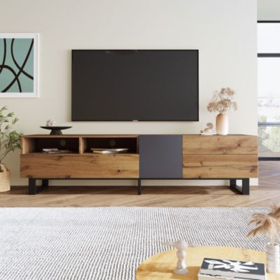 Meuble TV 180x50x38 cm avec grands rangements, portes sans poignée et pieds métal, style moderne noir et bois