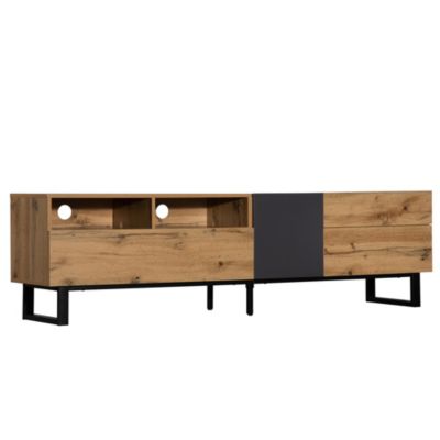 Meuble TV 180x50x38 cm avec grands rangements, portes sans poignée et pieds métal, style moderne noir et bois
