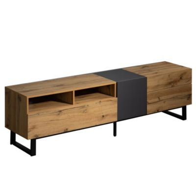 Meuble TV 180x50x38 cm avec grands rangements, portes sans poignée et pieds métal, style moderne noir et bois