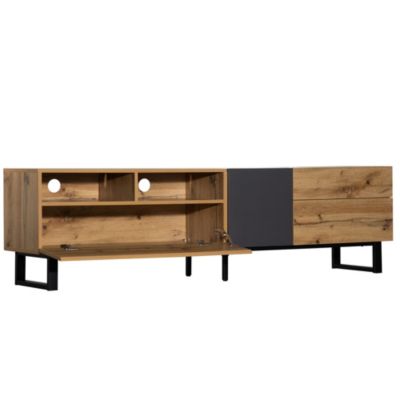 Meuble TV 180x50x38 cm avec grands rangements, portes sans poignée et pieds métal, style moderne noir et bois