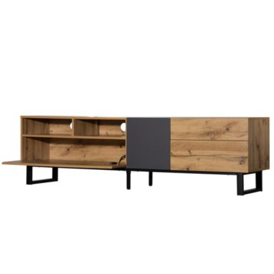 Meuble TV 180x50x38 cm avec grands rangements, portes sans poignée et pieds métal, style moderne noir et bois