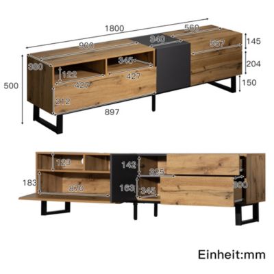 Meuble TV 180x50x38 cm avec grands rangements, portes sans poignée et pieds métal, style moderne noir et bois