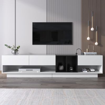 Meuble TV 190 cm, blanc et noir, 3 tiroirs, compartiments ouverts, design moderne