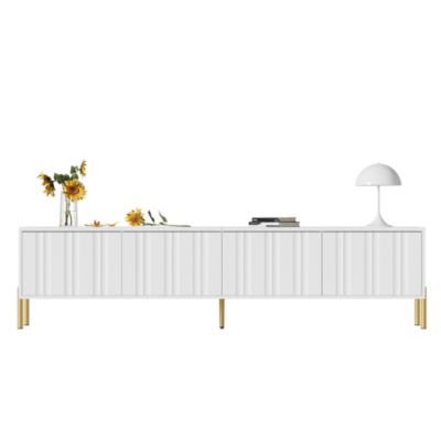 Meuble TV 190x38x48 cm avec rangements et pieds dorés, portes rainurées pour un style moderne