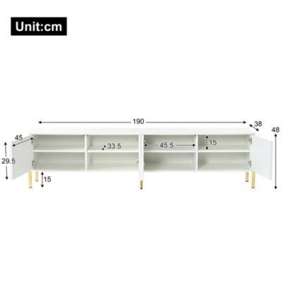 Meuble TV 190x38x48 cm avec rangements et pieds dorés, portes rainurées pour un style moderne