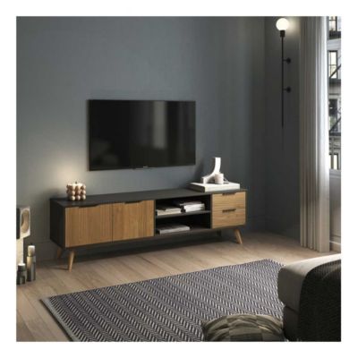 Meuble TV 2 portes 2 niches 2 tiroirs Noir/Bois - PIGMENT