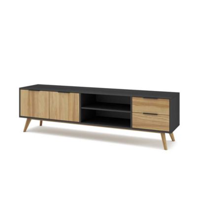 Meuble TV 2 portes 2 niches 2 tiroirs Noir/Bois - PIGMENT