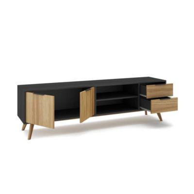 Meuble TV 2 portes 2 niches 2 tiroirs Noir/Bois - PIGMENT