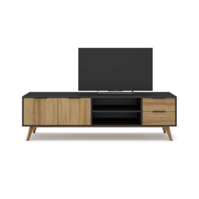 Meuble TV 2 portes 2 niches 2 tiroirs Noir/Bois - PIGMENT