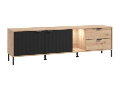 Meuble TV  2 portes, 2 tiroirs et 1 niche avec LEDs - Naturel et noir - MEVIELA