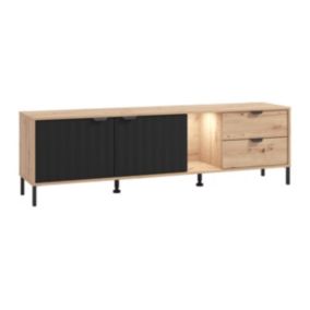 Meuble TV  2 portes, 2 tiroirs et 1 niche avec LEDs - Naturel et noir - MEVIELA