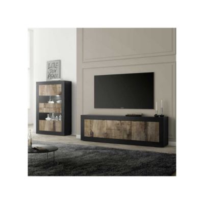 Meuble TV 2 portes 2 tiroirs Noir mat/Bois fumé - MATERA