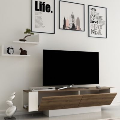 Meuble TV 2 portes décor noyer et blanc L150 cm - MATERA