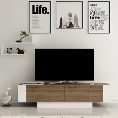 Meuble TV 2 portes décor noyer et blanc L150 cm - MATERA